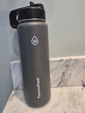 Thermo Flask Wide Mouth 24 oz Grey Water Bottle Black Flip Spout Straw Lid